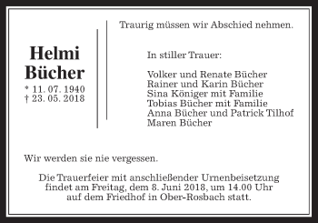 Traueranzeige von Helmi Bücher von Wetterauer Zeitung, Wetterauer Zeitung