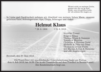 Traueranzeige von Helmut Klaus von Wetterauer Zeitung, Wetterauer Zeitung