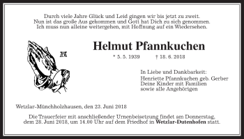 Traueranzeige von Helmut Pfannkuchen von Giessener Allgemeine, Alsfelder Allgemeine