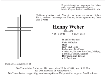 Traueranzeige von Henny Weber von Wetterauer Zeitung, Wetterauer Zeitung
