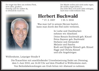 Traueranzeige von Herbert Buchwald von Wetterauer Zeitung, Wetterauer Zeitung