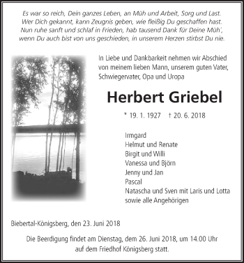 Traueranzeige von Herbert Griebel von Giessener Allgemeine, Alsfelder Allgemeine
