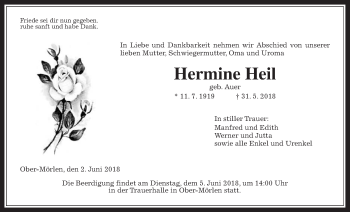 Traueranzeige von Hermine Heil von Wetterauer Zeitung, Wetterauer Zeitung
