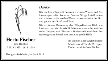 Traueranzeige von Herta Fischer von Licher Wochenblatt, Licher Wochenblatt, Licher Wochenblatt