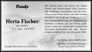 Traueranzeige von Herta Fischer von Giessener Allgemeine, Alsfelder Allgemeine, Wetterauer Zeitung, Wetterauer Zeitung