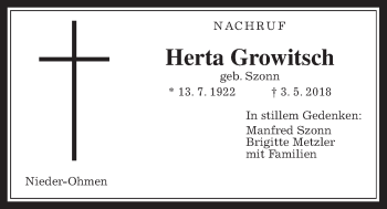 Traueranzeige von Herta Growitsch von Mücker Stimme
