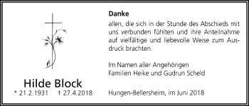 Traueranzeige von Hilde Block von Licher Wochenblatt, Licher Wochenblatt, Licher Wochenblatt