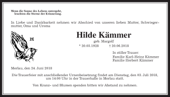 Traueranzeige von Hilde Kämmer von Alsfelder Allgemeine
