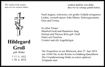 Traueranzeige von Hildegard Groß von Giessener Allgemeine, Alsfelder Allgemeine