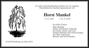 Traueranzeige von Horst Mankel von Wetterauer Zeitung, Wetterauer Zeitung