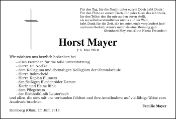 Traueranzeige von Horst Mayer von Alsfelder Allgemeine
