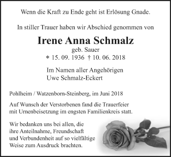 Traueranzeige von Irene Anna Schmalz von Pohlheimer Nachrichten