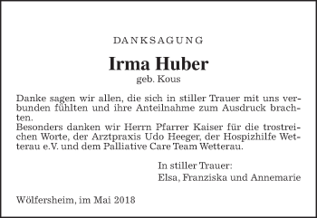 Traueranzeige von Irma Huber von Wetterauer Zeitung, Wetterauer Zeitung