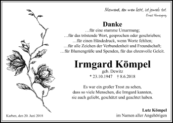 Traueranzeige von Irmgard Kömpel von Wetterauer Zeitung, Wetterauer Zeitung