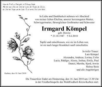 Traueranzeige von Irmgard Kömpel von Wetterauer Zeitung, Wetterauer Zeitung