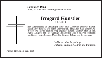 Traueranzeige von Irmgard Künstler von Wetterauer Zeitung, Wetterauer Zeitung