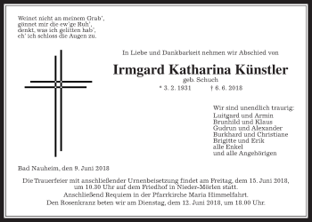Traueranzeige von Irmgard Katharina Künstler von Wetterauer Zeitung, Wetterauer Zeitung