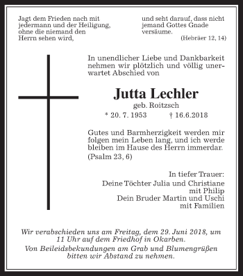 Traueranzeige von Jutta Lechler von Wetterauer Zeitung, Wetterauer Zeitung