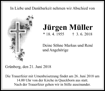 Traueranzeige von Jürgen Müller von Giessener Allgemeine, Alsfelder Allgemeine