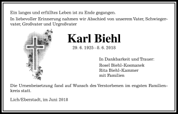 Traueranzeige von Karl Biehl von Licher Wochenblatt, Licher Wochenblatt, Licher Wochenblatt