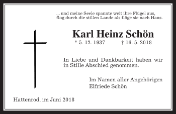 Traueranzeige von Karl Heinz Schön von Giessener Allgemeine, Alsfelder Allgemeine