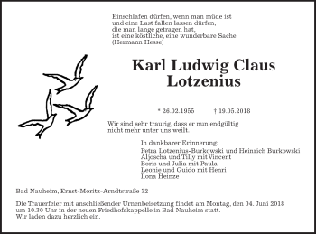 Traueranzeige von Karl Ludwig Claus Lotzenius von Wetterauer Zeitung, Wetterauer Zeitung