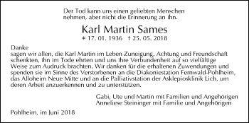 Traueranzeige von Karl Martin Sames von Giessener Allgemeine, Alsfelder Allgemeine