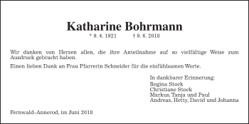 Traueranzeige von Katharine Bohrmann von Giessener Allgemeine, Alsfelder Allgemeine