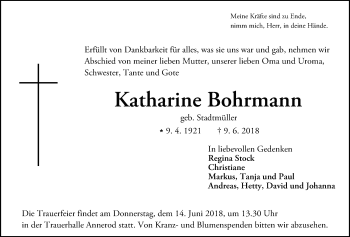 Traueranzeige von Katharine Bohrmann von Giessener Allgemeine, Alsfelder Allgemeine