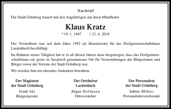Traueranzeige von Klaus Kratz von Giessener Allgemeine, Alsfelder Allgemeine