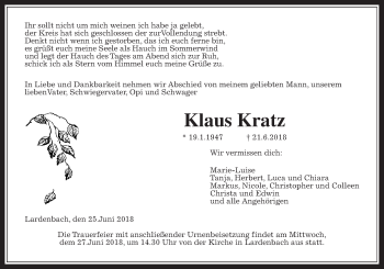Traueranzeige von Klaus Kratz von Giessener Allgemeine, Alsfelder Allgemeine