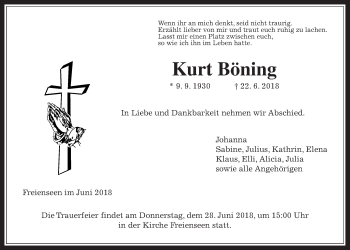 Traueranzeige von Kurt Böning von Giessener Allgemeine, Alsfelder Allgemeine