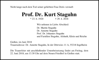 Traueranzeige von Kurt Staguhn von Giessener Allgemeine, Alsfelder Allgemeine