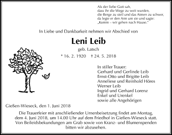 Traueranzeige von Leni Leib von Giessener Allgemeine, Alsfelder Allgemeine