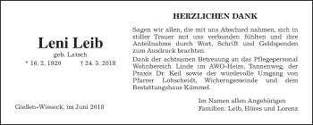 Traueranzeige von Leni Leib von Giessener Allgemeine, Alsfelder Allgemeine