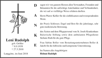 Traueranzeige von Leni Rudolph von Giessener Allgemeine, Alsfelder Allgemeine