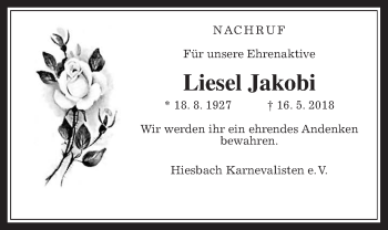 Traueranzeige von Liesel Jakobi von Wetterauer Zeitung, Wetterauer Zeitung