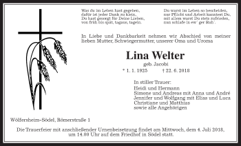 Traueranzeige von Lina Welter von Wetterauer Zeitung, Wetterauer Zeitung