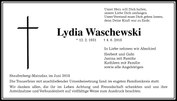 Traueranzeige von Lydia Waschewski von Giessener Allgemeine, Alsfelder Allgemeine