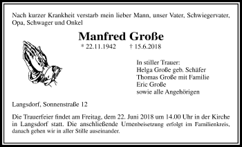 Traueranzeige von Manfred Große von Licher Wochenblatt, Licher Wochenblatt, Licher Wochenblatt