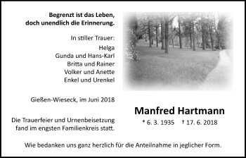 Traueranzeige von Manfred Hartmann von Giessener Allgemeine, Alsfelder Allgemeine