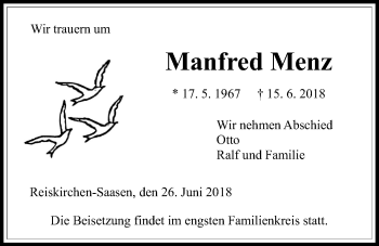 Traueranzeige von Manfred Menz von Giessener Allgemeine, Alsfelder Allgemeine