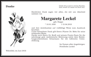 Traueranzeige von Margarete Leckel von Alsfelder Allgemeine