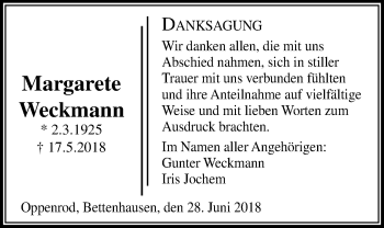 Traueranzeige von Margarete Weckmann von Licher Wochenblatt, Licher Wochenblatt, Licher Wochenblatt
