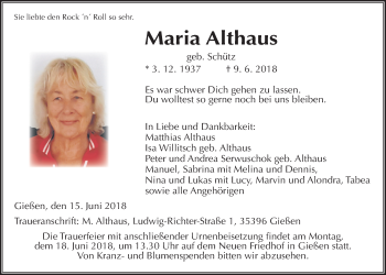 Traueranzeige von Maria Althaus von Giessener Allgemeine, Alsfelder Allgemeine