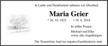 Traueranzeige von Maria Geier von Wetterauer Zeitung, Wetterauer Zeitung