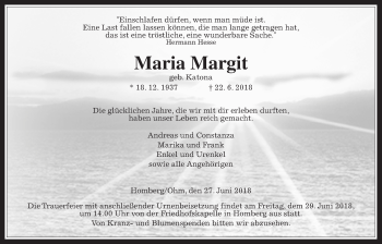 Traueranzeige von Maria Margit von Alsfelder Allgemeine