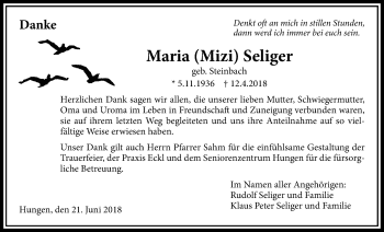 Traueranzeige von Maria Seliger von Licher Wochenblatt, Licher Wochenblatt, Licher Wochenblatt