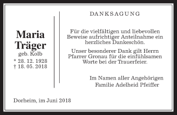 Traueranzeige von Maria Träger von Wetterauer Zeitung, Wetterauer Zeitung