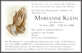 Traueranzeige von Marianne Klein von Wetterauer Zeitung, Wetterauer Zeitung